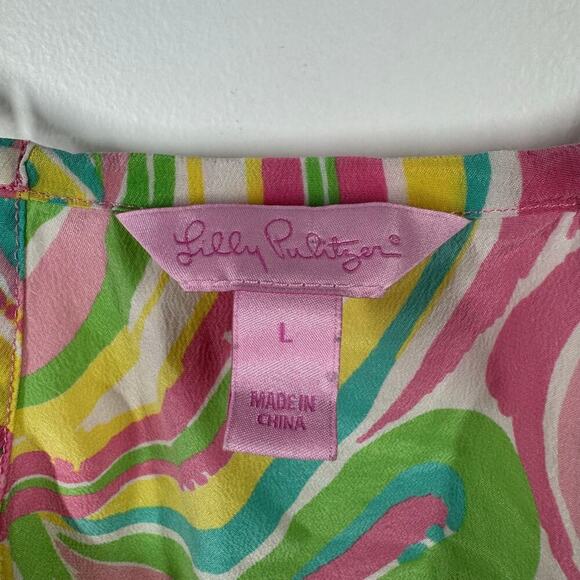 Lilly Pulitzer Tank Women Size L Pink Green Flamingo 100% Silk Adjustable Straps - Picture 5 of 8